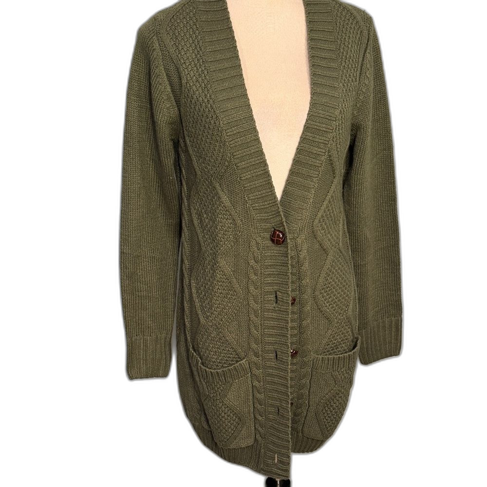 Unbranded forest green long cable knit cardigan Size M - Picture 3 of 9
